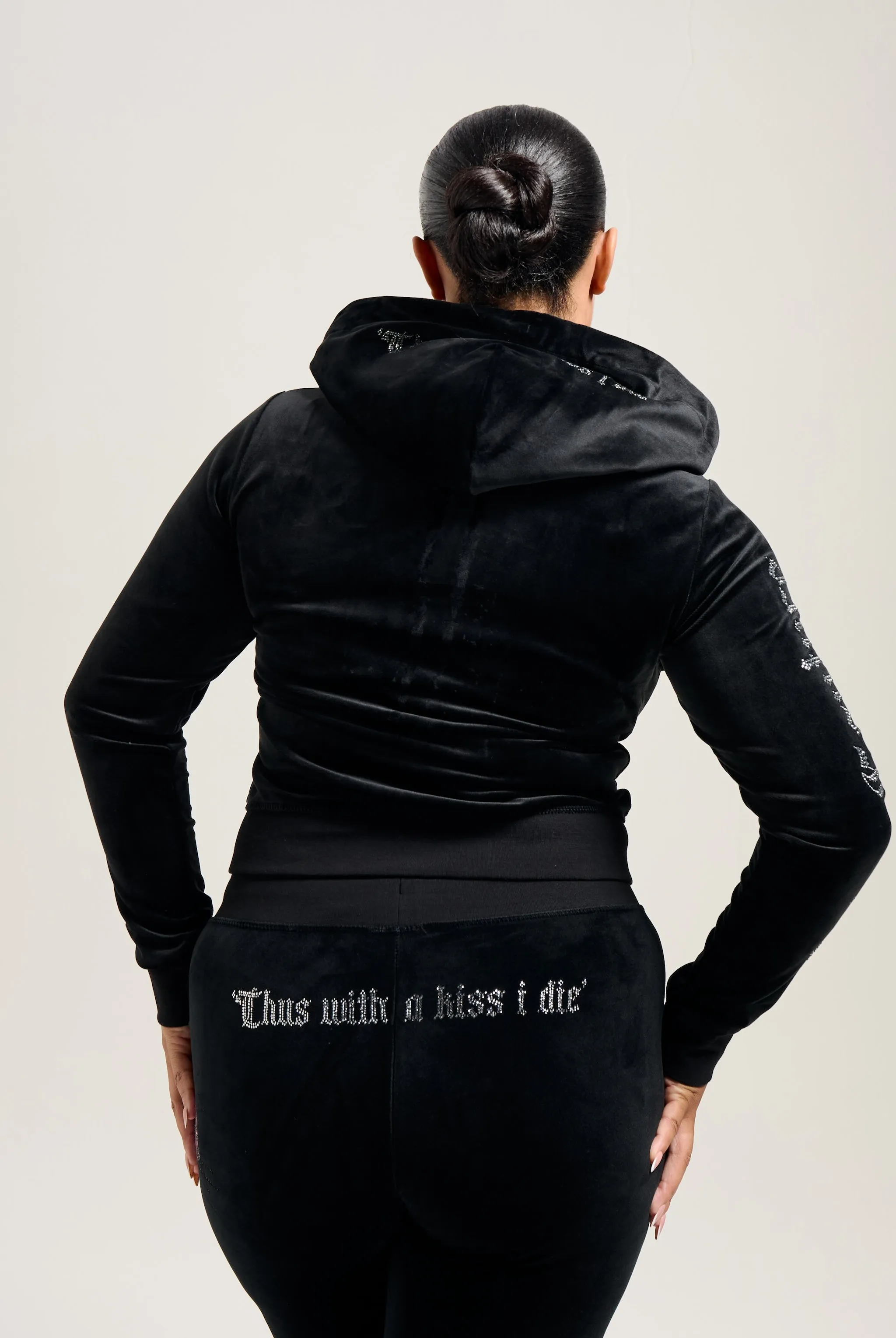 BLACK SACRED HEART DIAMANTÉ CLASSIC VELOUR LOW RISE TRACK PANTS