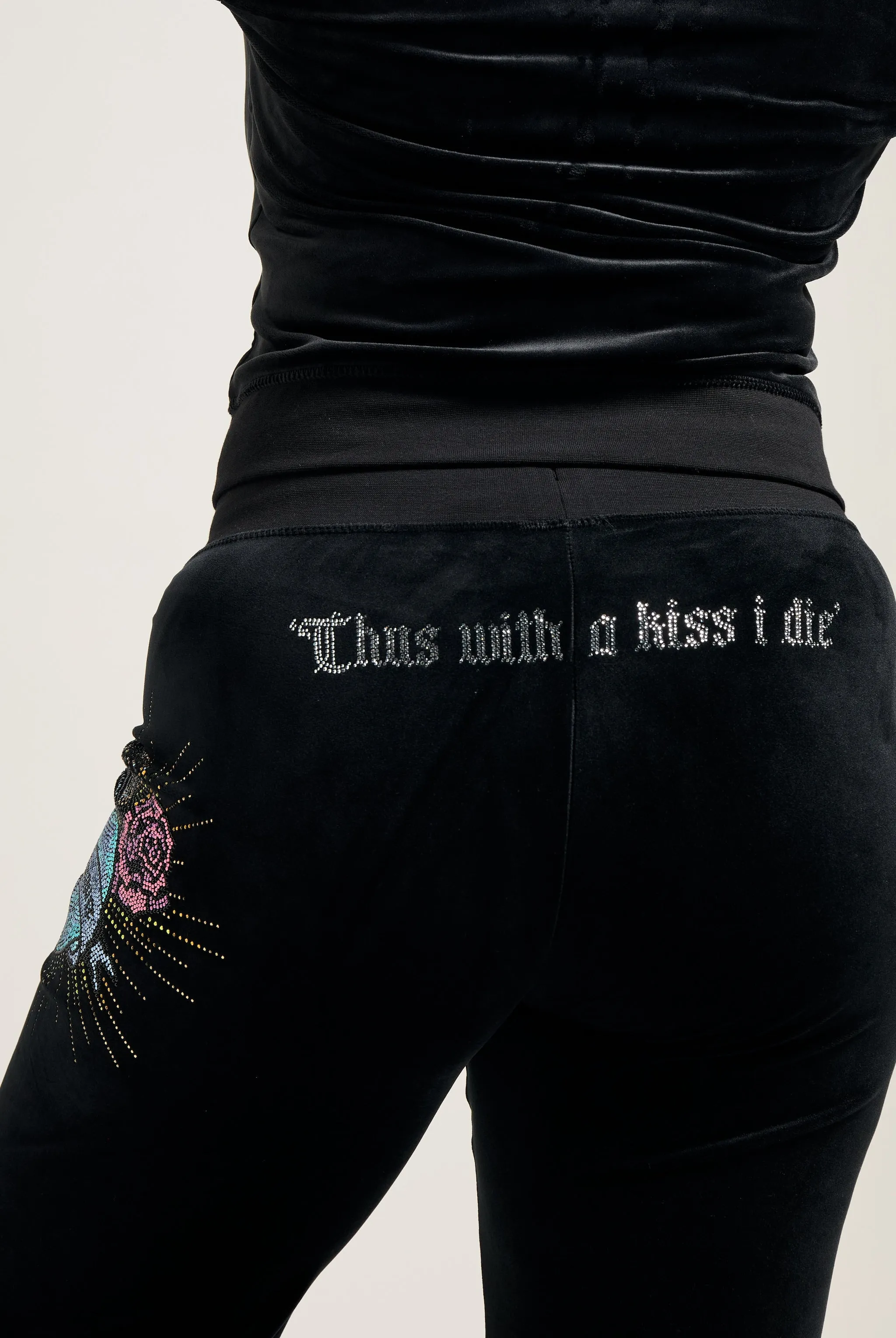 BLACK SACRED HEART DIAMANTÉ CLASSIC VELOUR LOW RISE TRACK PANTS
