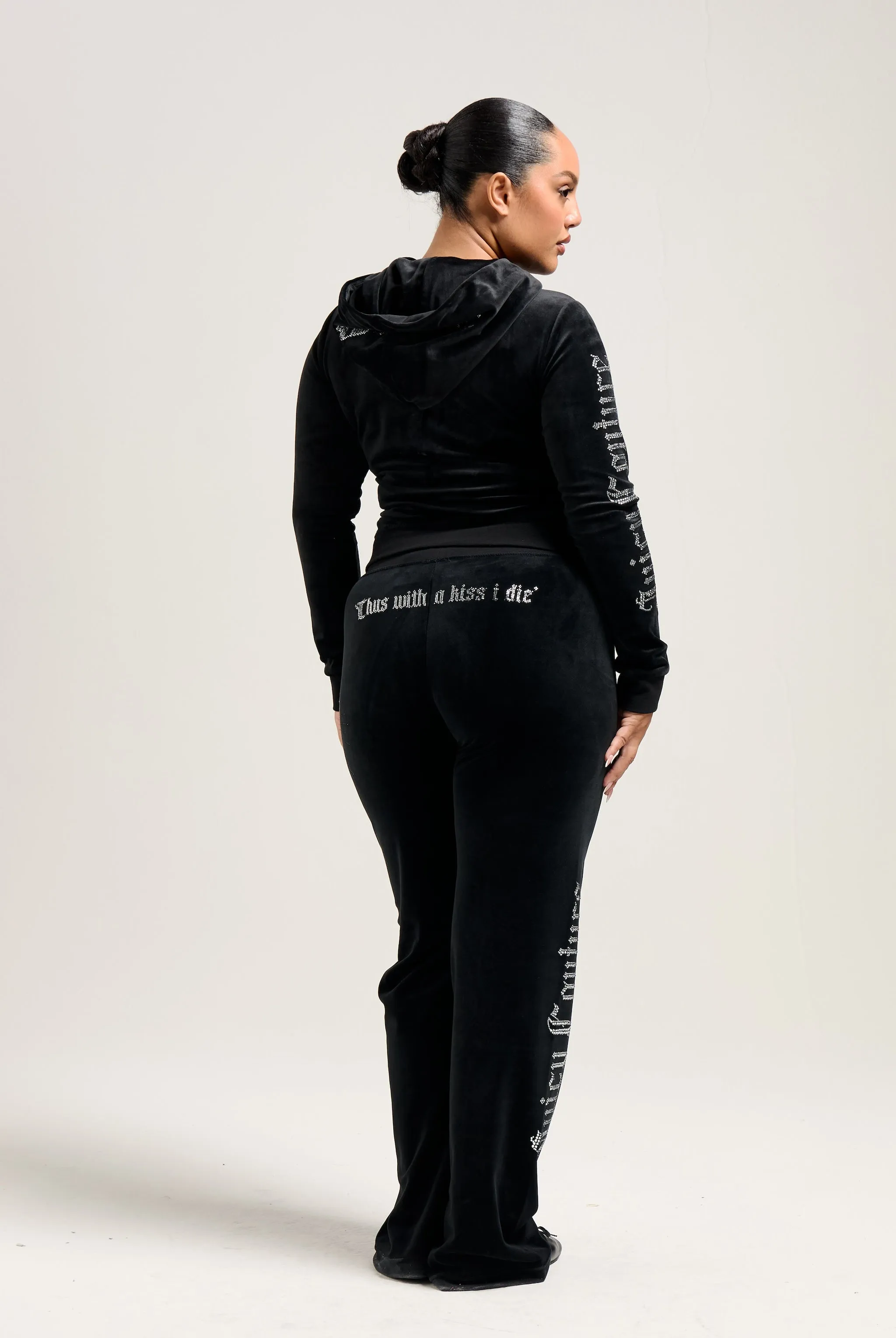 BLACK SACRED HEART DIAMANTÉ CLASSIC VELOUR LOW RISE TRACK PANTS