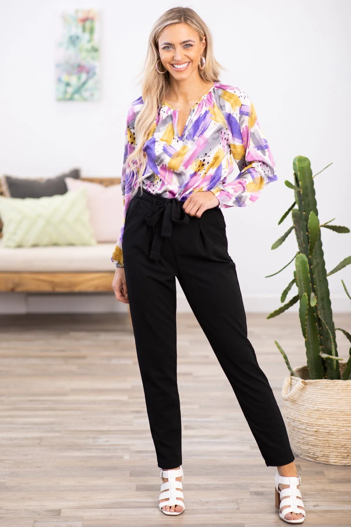 Black Tie Waist Pleat Dress Pants