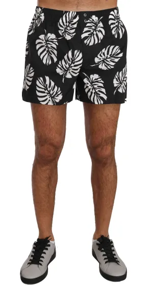 Black White Leaves Print Pajama Sleepwear