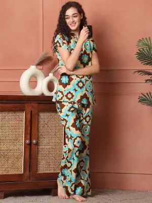 Blue Colour Abstract Printed Cotton Night Suit For Women