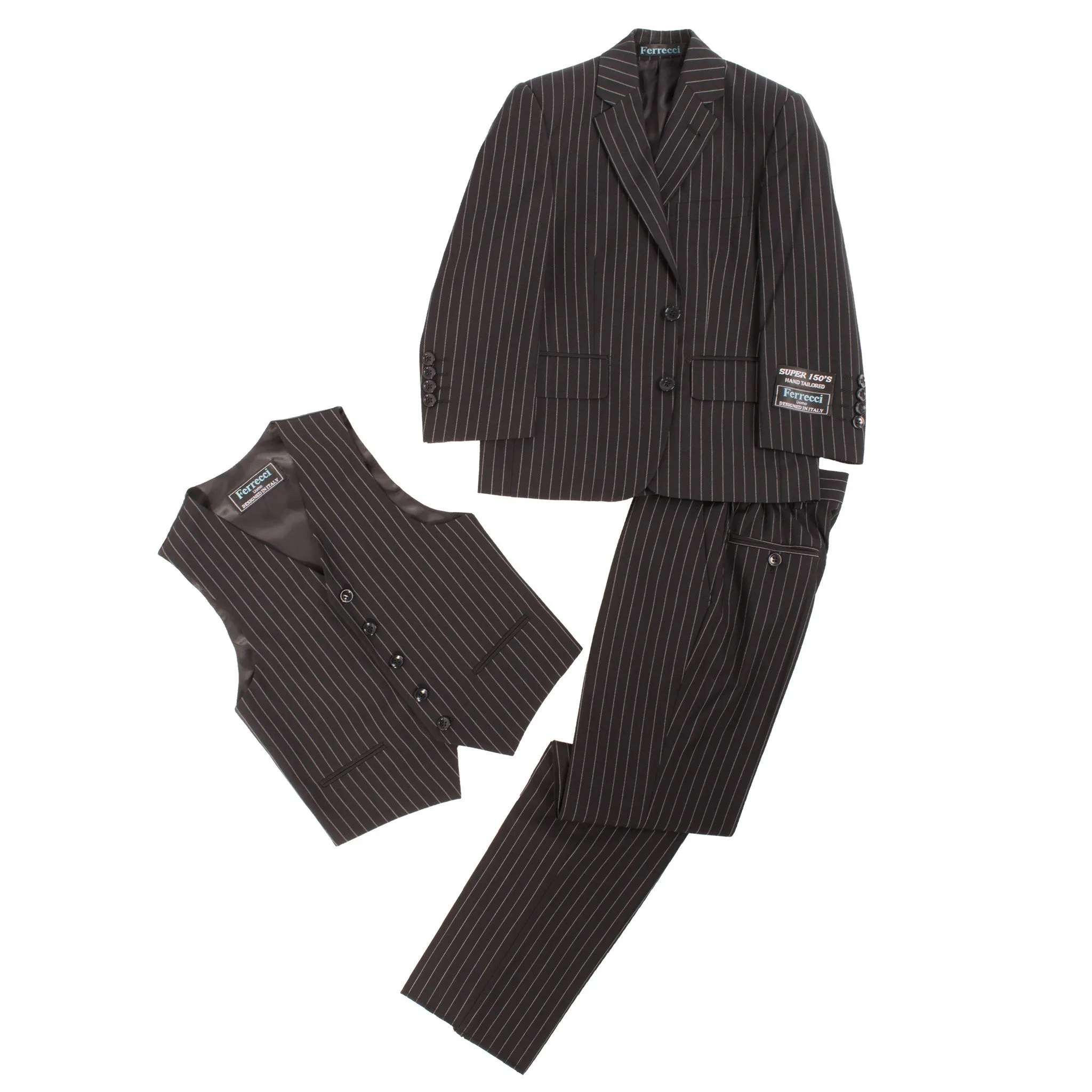 Boys Premium Black Pinstripe 3pc Vested Suit