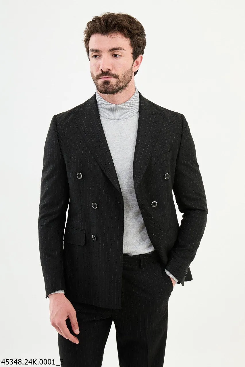 Brabion Diego Black 2 Piece Double Breasted Pinstripe Wool Suit