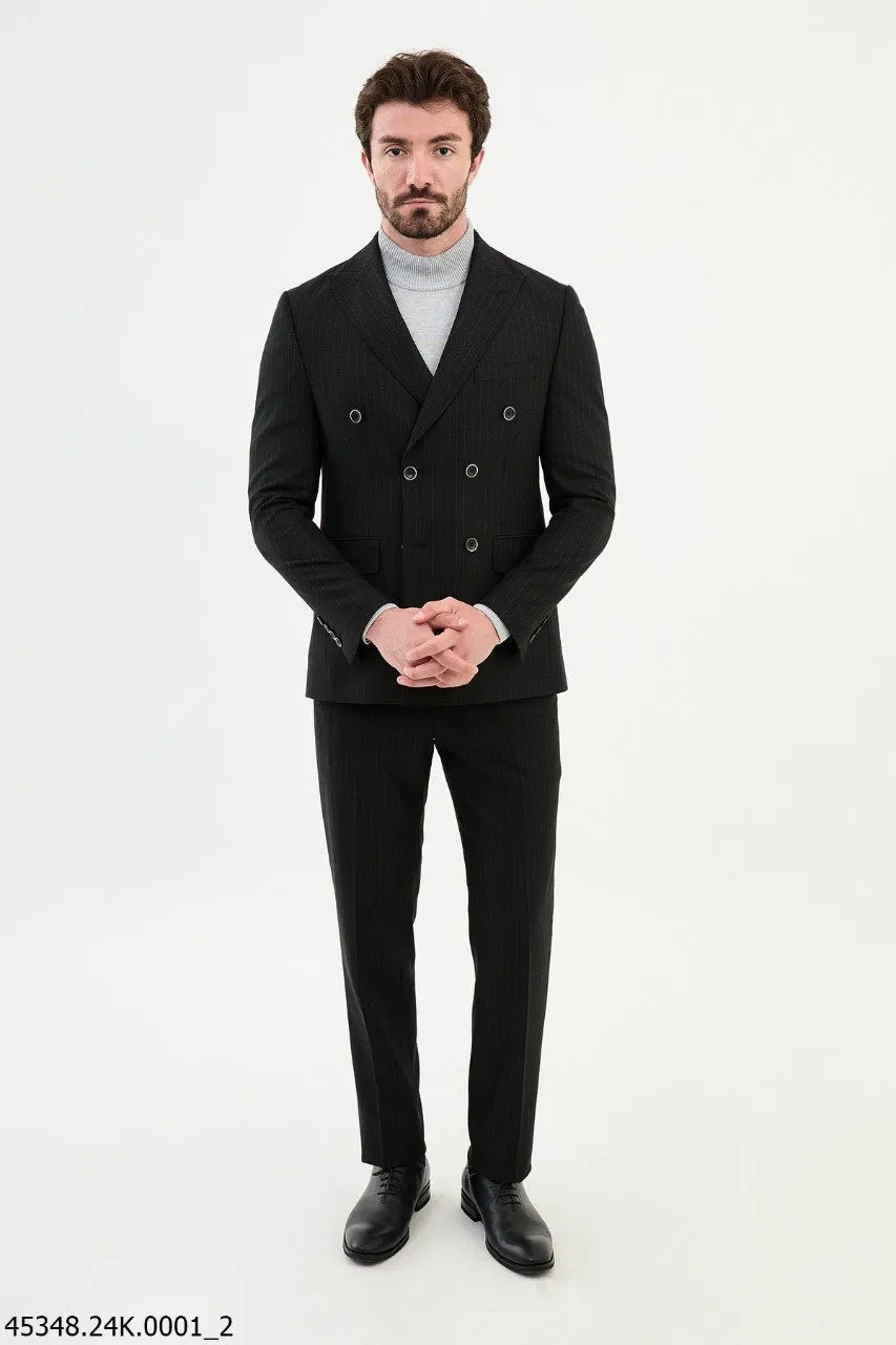 Brabion Diego Black 2 Piece Double Breasted Pinstripe Wool Suit