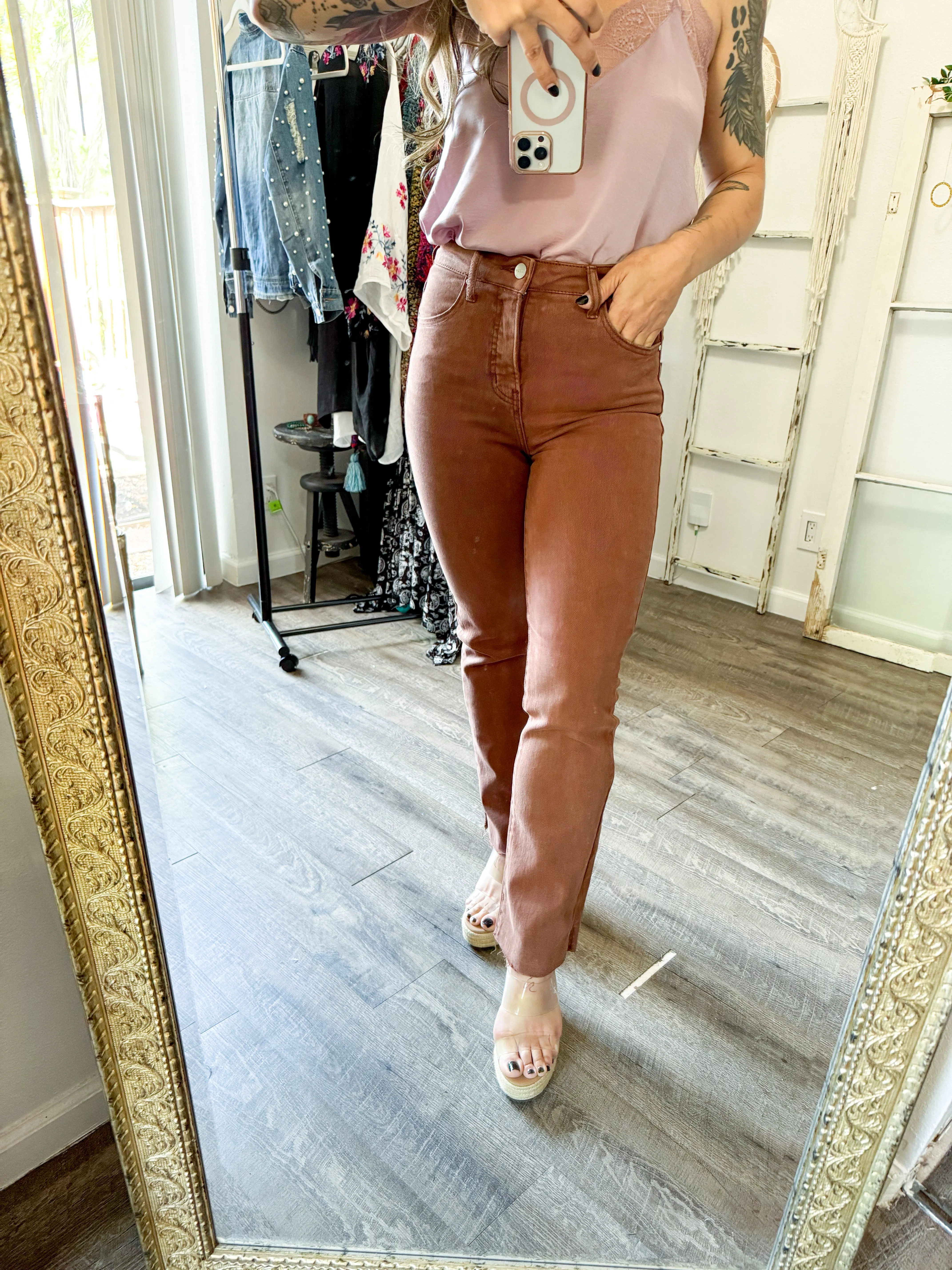 Brown High Rise Tummy Control Straight Jeans