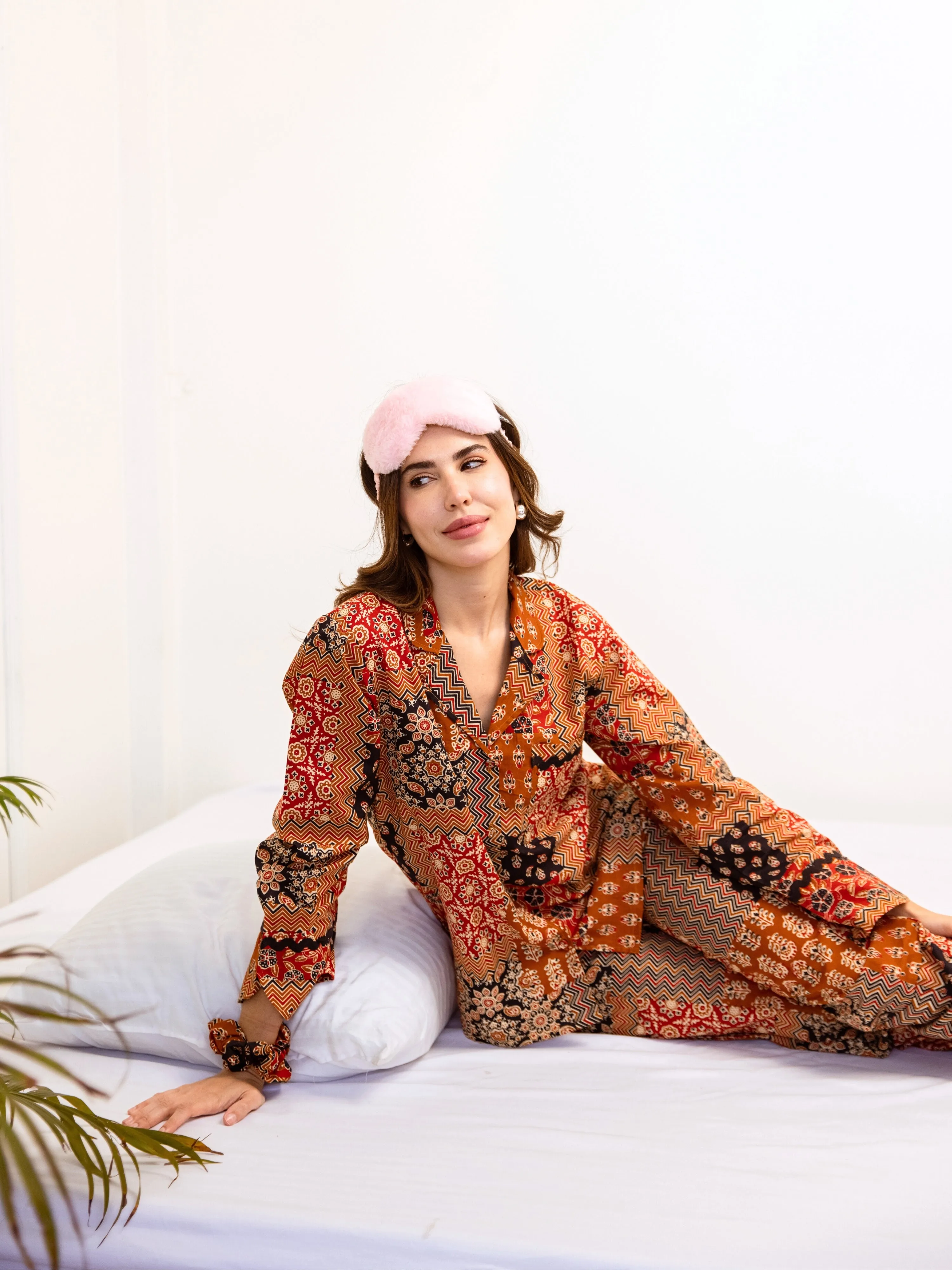 Brown Snuggle Patch Pure Cotton Collar Shirt Night Suit