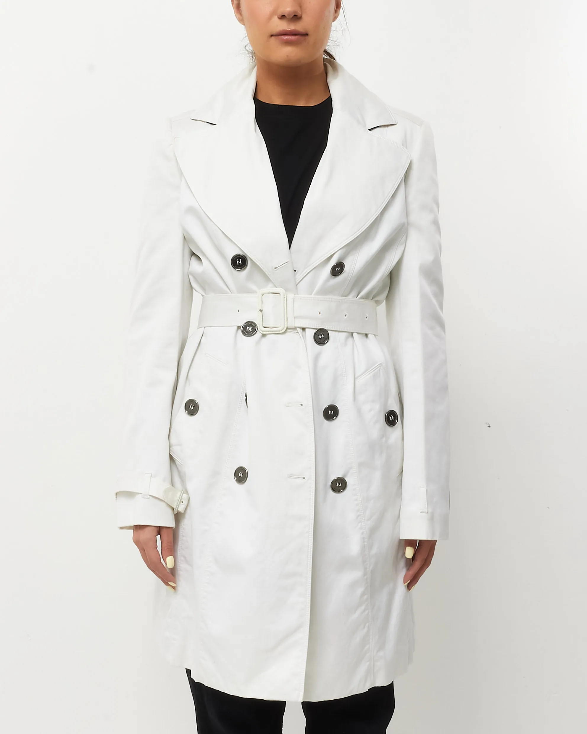 Burberry White Cotton Belted Trench Coat - US 12