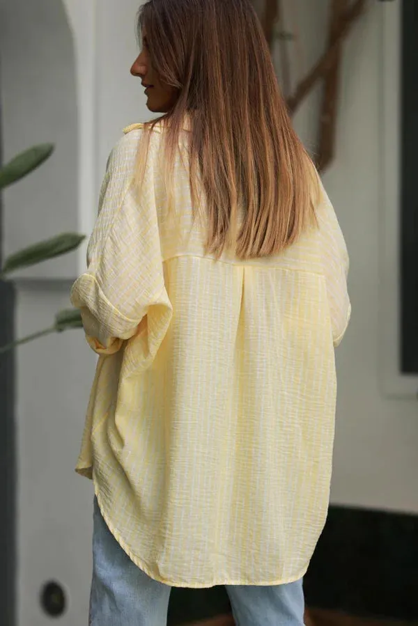 Butter Yellow Pinstripe Woven Split Neck Tunic