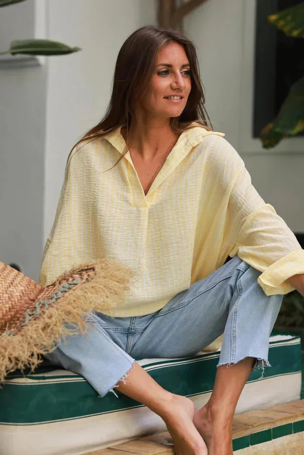 Butter Yellow Pinstripe Woven Split Neck Tunic