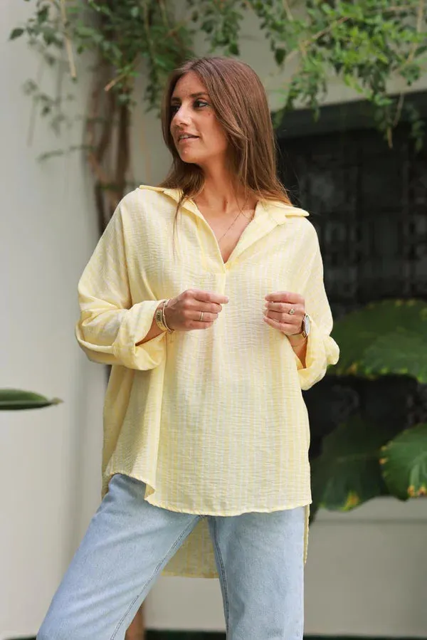 Butter Yellow Pinstripe Woven Split Neck Tunic