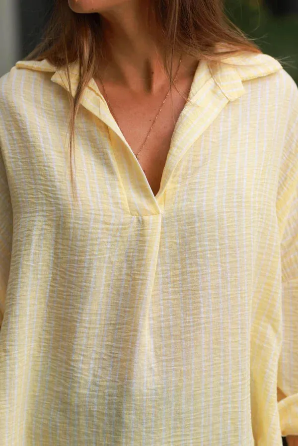 Butter Yellow Pinstripe Woven Split Neck Tunic