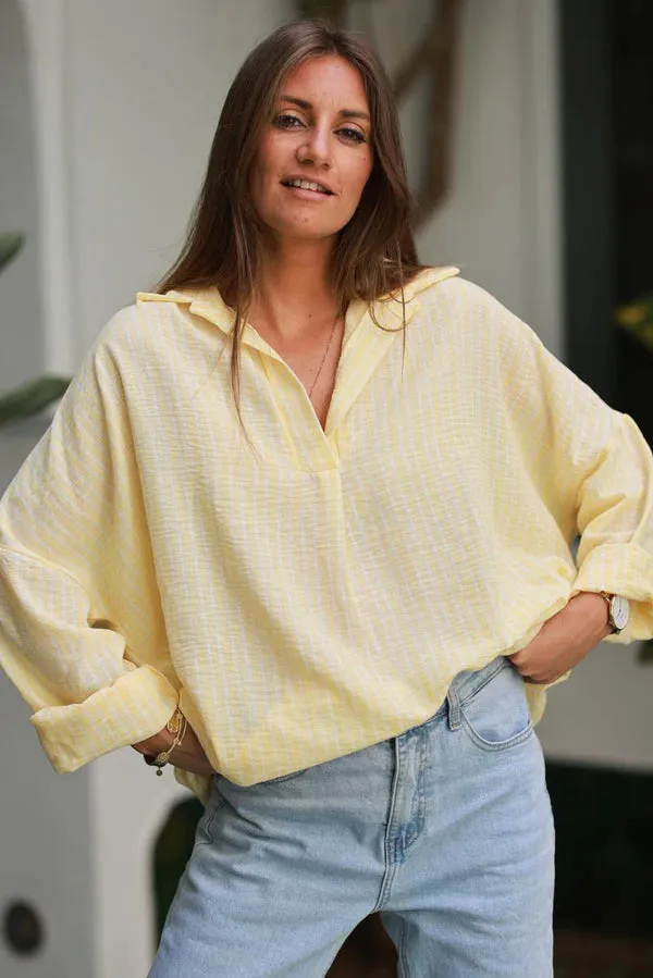 Butter Yellow Pinstripe Woven Split Neck Tunic