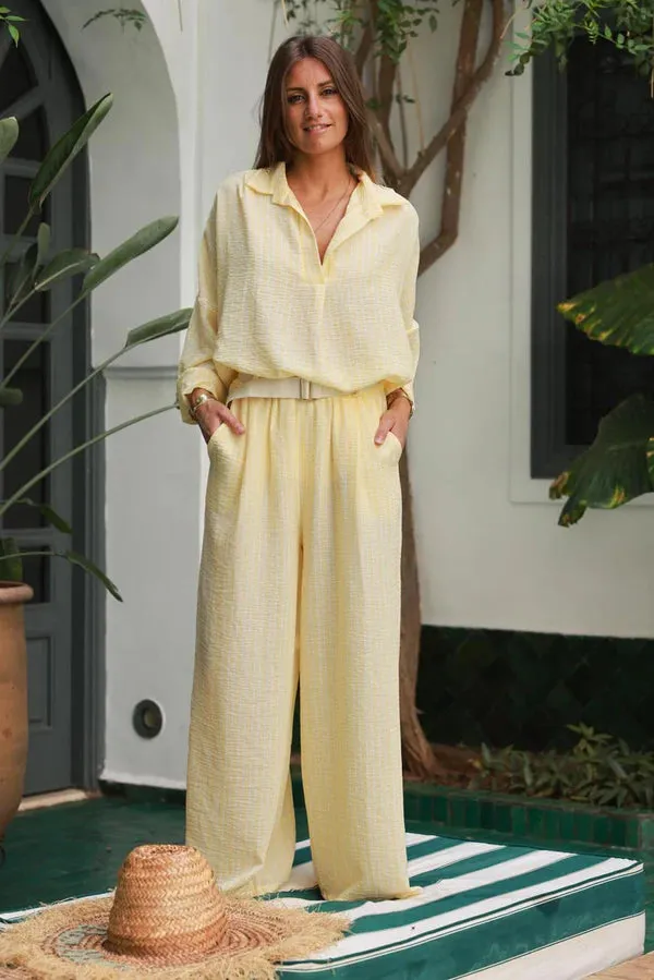 Butter Yellow Pinstripe Woven Split Neck Tunic