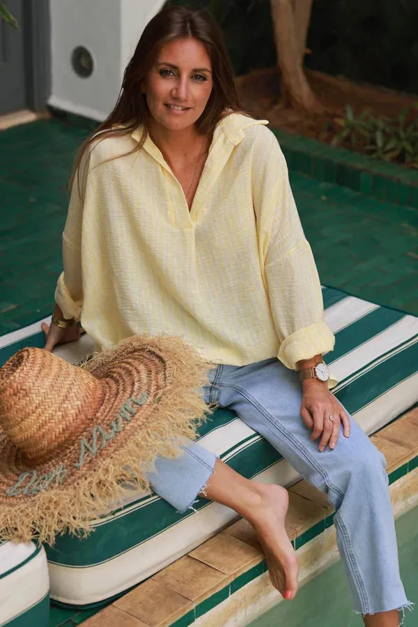 Butter Yellow Pinstripe Woven Split Neck Tunic