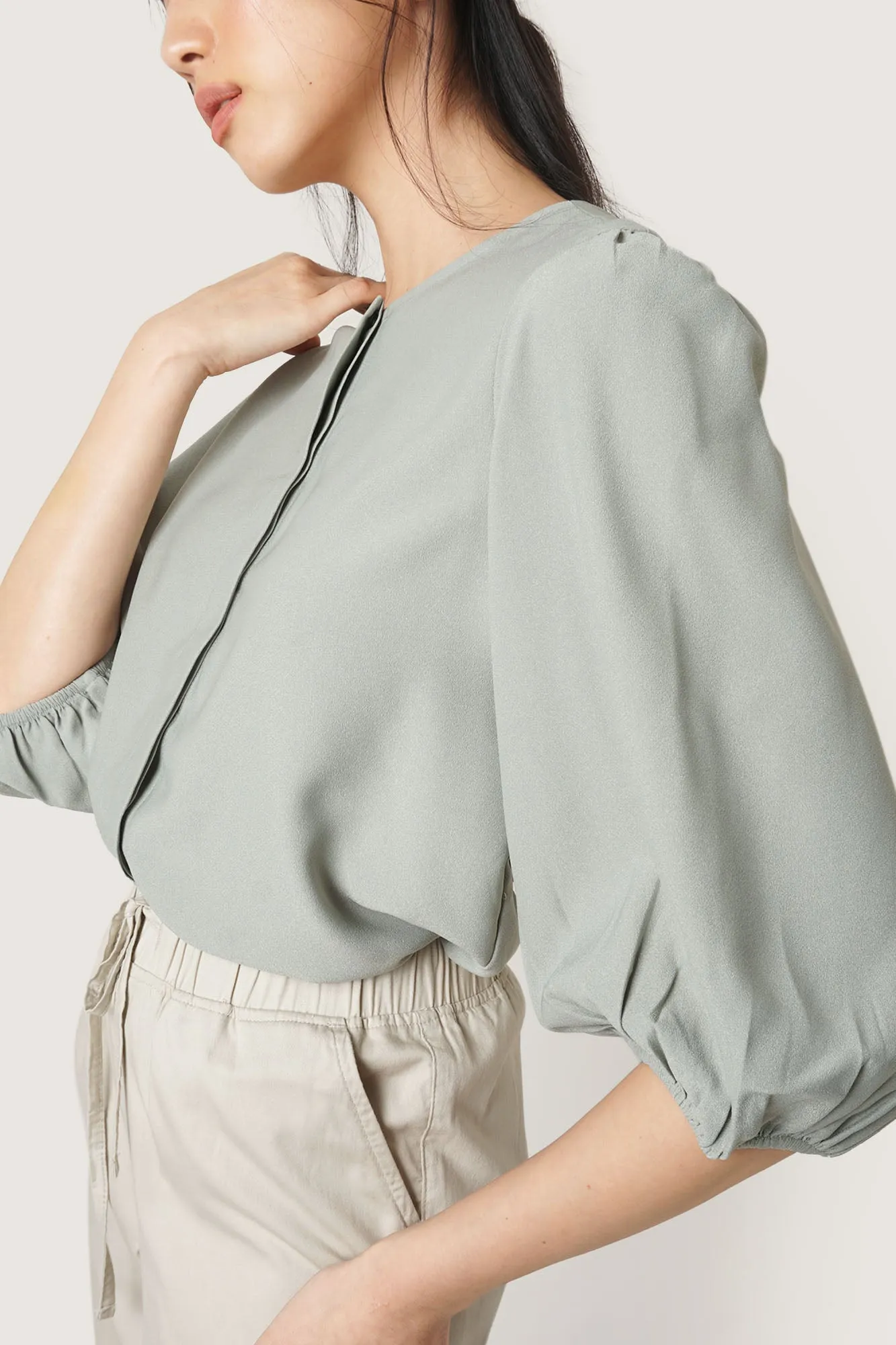 Button Down 3/4 Puff Sleeve Shirt