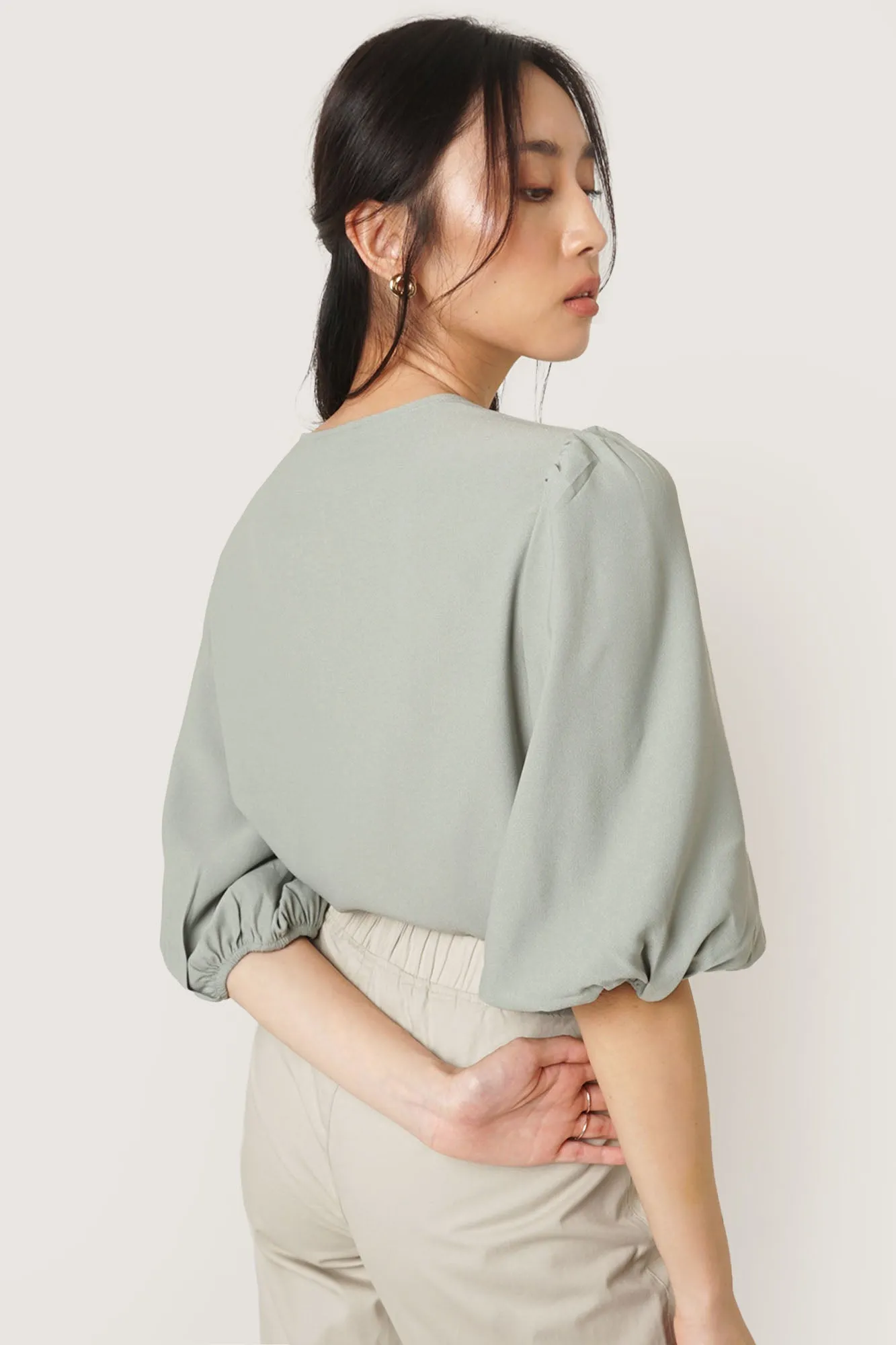Button Down 3/4 Puff Sleeve Shirt