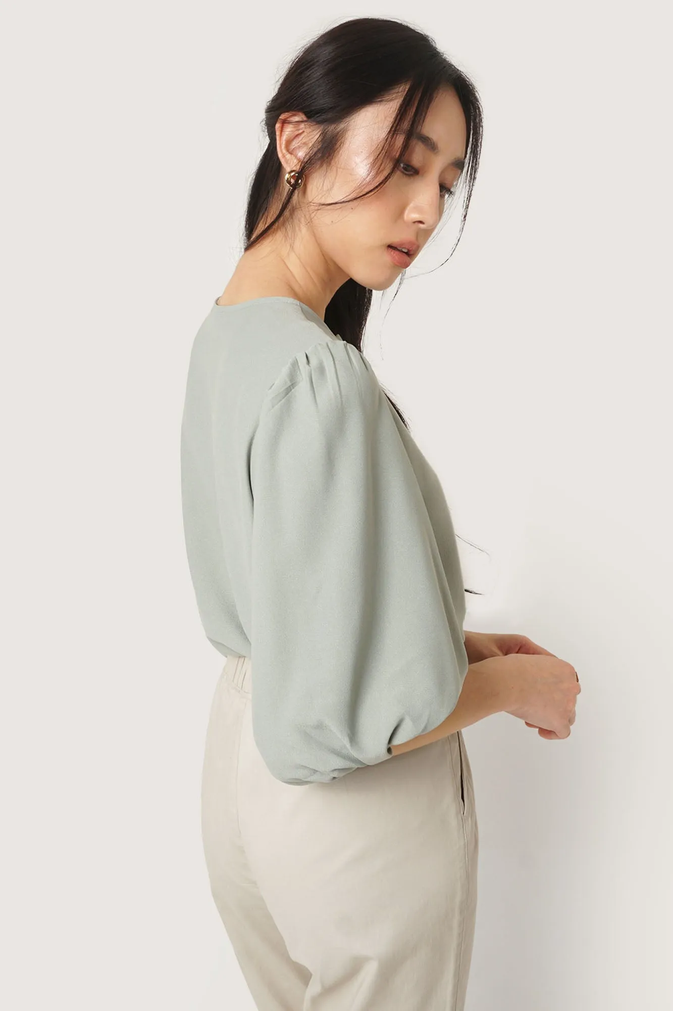 Button Down 3/4 Puff Sleeve Shirt