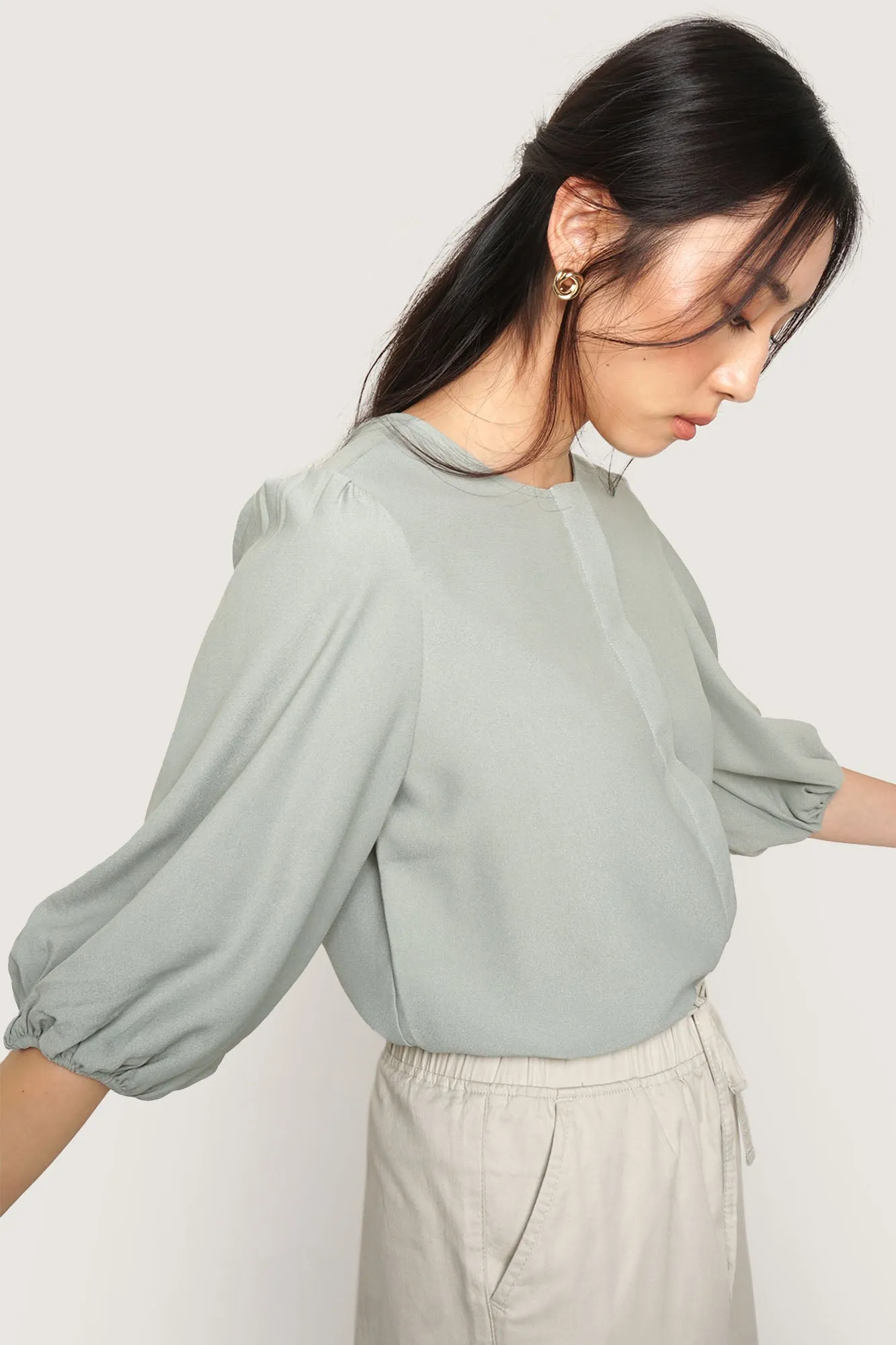 Button Down 3/4 Puff Sleeve Shirt