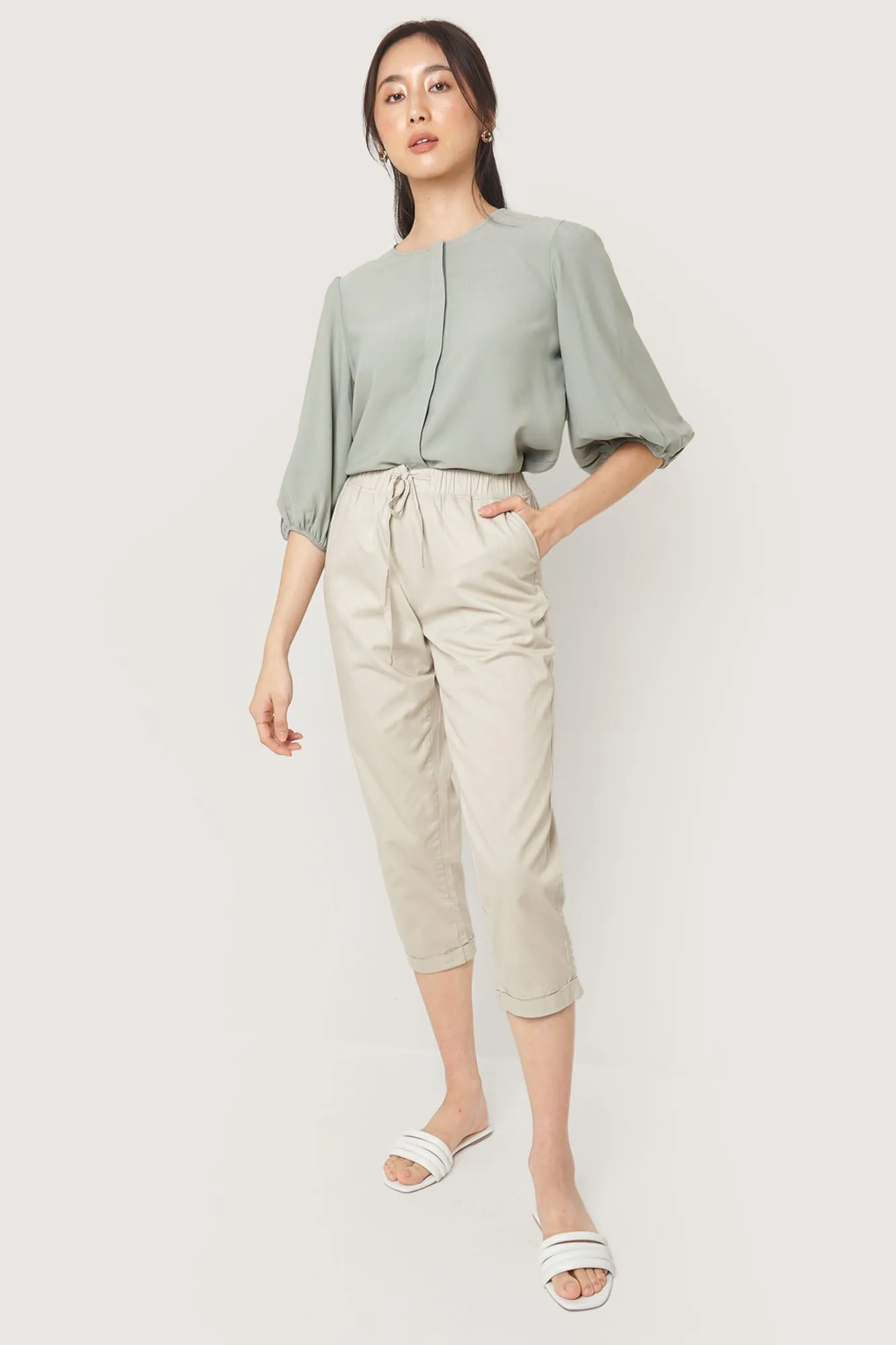 Button Down 3/4 Puff Sleeve Shirt