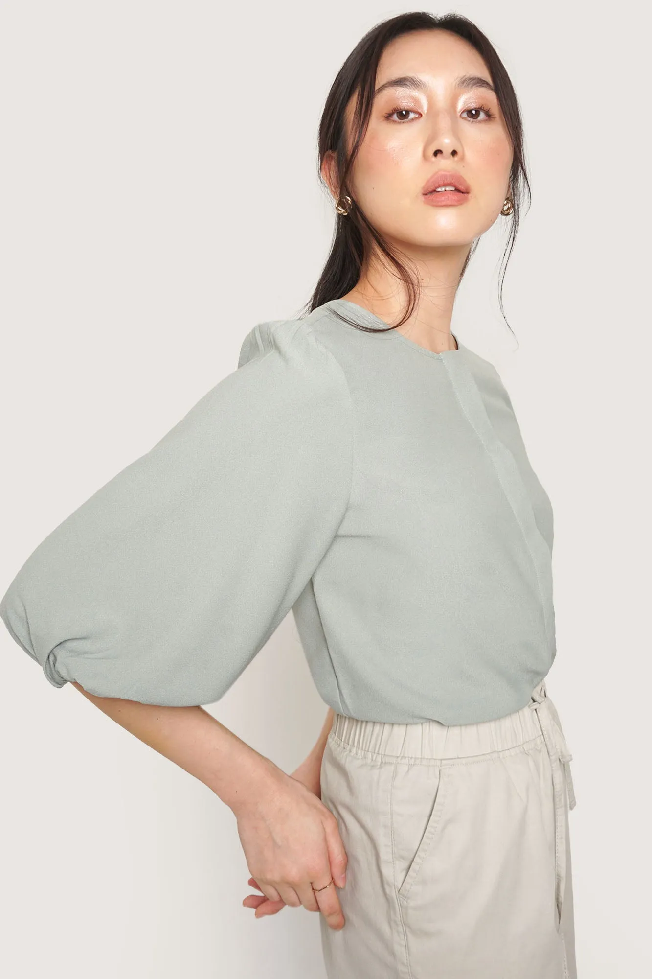 Button Down 3/4 Puff Sleeve Shirt