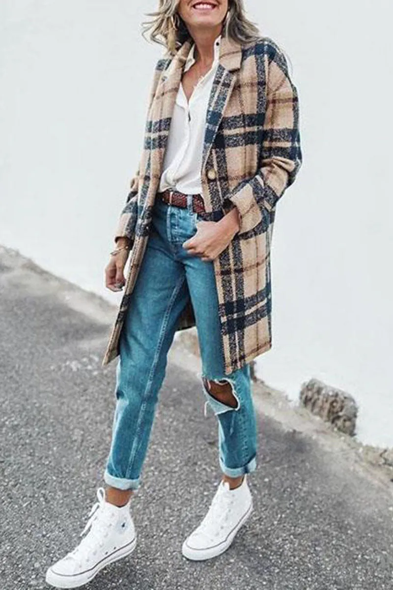 Casual Plaid Print Without Belt Turn-back Collar Outerwear