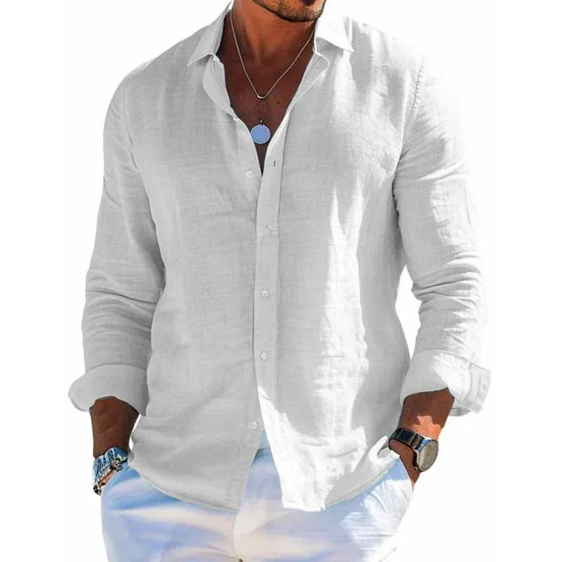 Chic Solid Color Cotton-Linen Shirt with Collar for Men