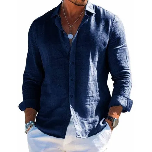 Chic Solid Color Cotton-Linen Shirt with Collar for Men