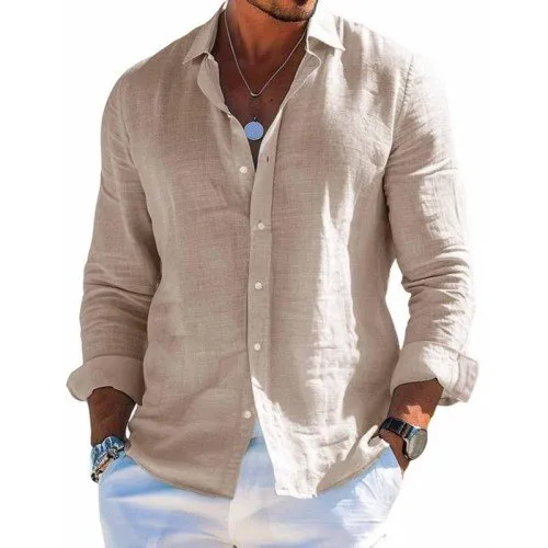 Chic Solid Color Cotton-Linen Shirt with Collar for Men