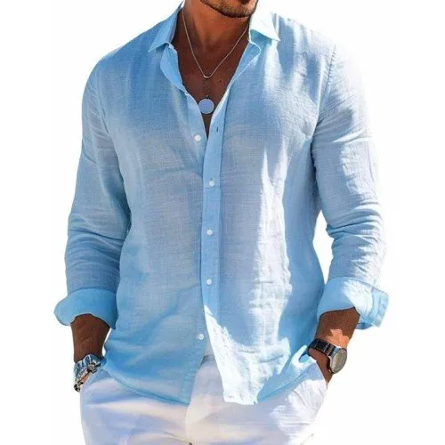 Chic Solid Color Cotton-Linen Shirt with Collar for Men