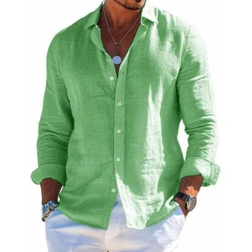 Chic Solid Color Cotton-Linen Shirt with Collar for Men