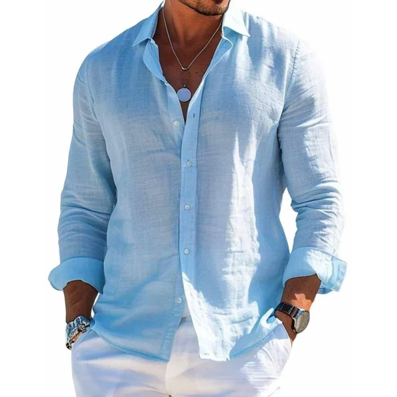 Chic Solid Color Cotton-Linen Shirt with Collar for Men