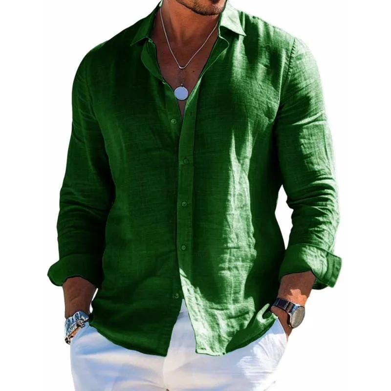 Chic Solid Color Cotton-Linen Shirt with Collar for Men