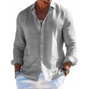 Chic Solid Color Cotton-Linen Shirt with Collar for Men