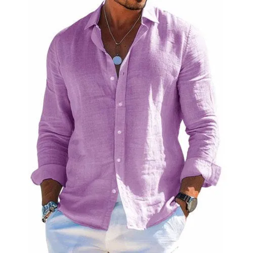 Chic Solid Color Cotton-Linen Shirt with Collar for Men