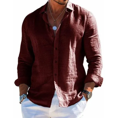 Chic Solid Color Cotton-Linen Shirt with Collar for Men