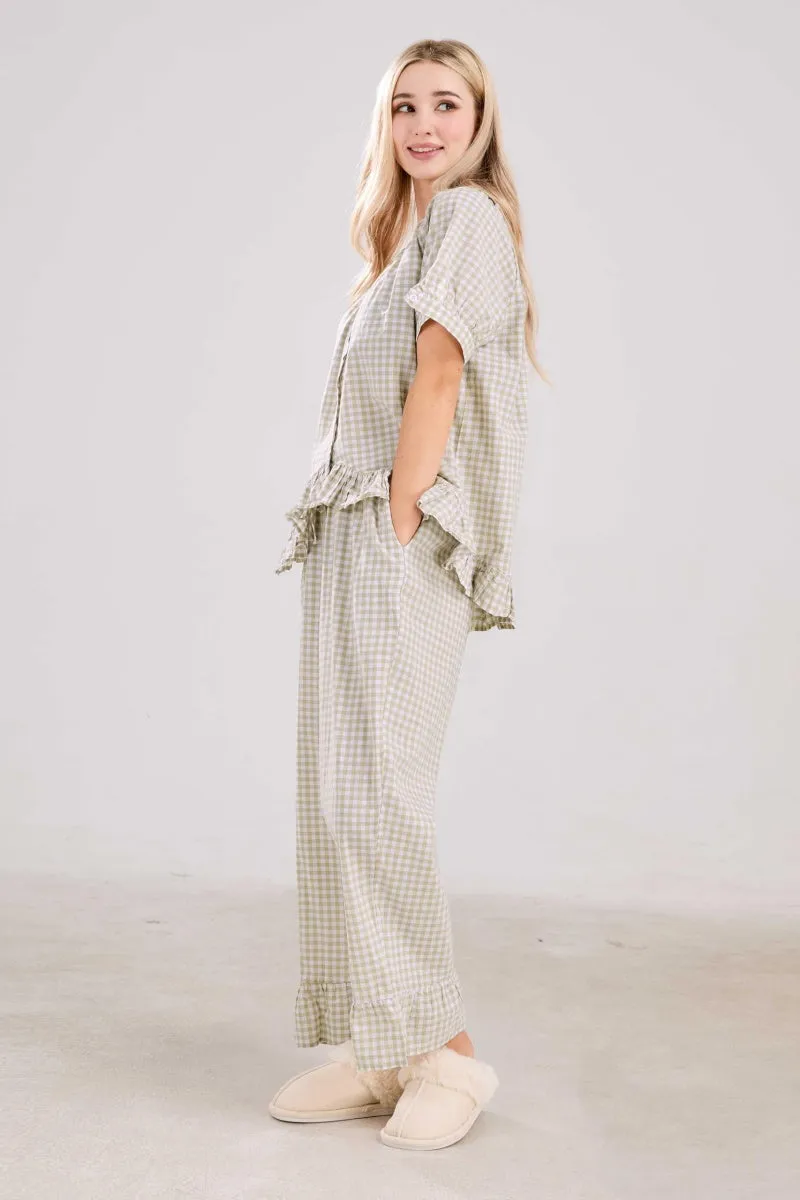 Chouyatou Womens Gingham Pajama Set 2 Piece Short Sleeve Babydoll Shirt and Pants Lounge Set Cute Sleepwear