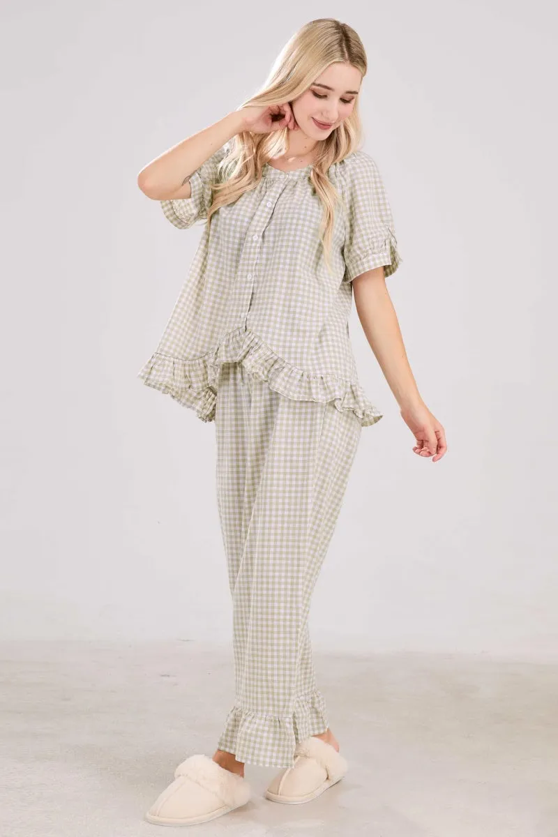 Chouyatou Womens Gingham Pajama Set 2 Piece Short Sleeve Babydoll Shirt and Pants Lounge Set Cute Sleepwear