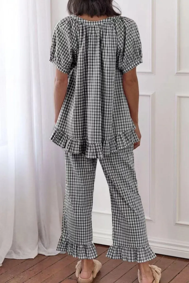 Chouyatou Womens Gingham Pajama Set 2 Piece Short Sleeve Babydoll Shirt and Pants Lounge Set Cute Sleepwear