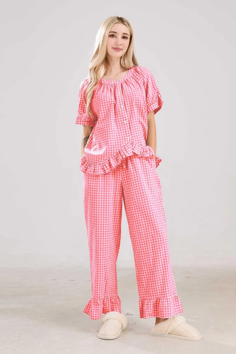 Chouyatou Womens Gingham Pajama Set 2 Piece Short Sleeve Babydoll Shirt and Pants Lounge Set Cute Sleepwear
