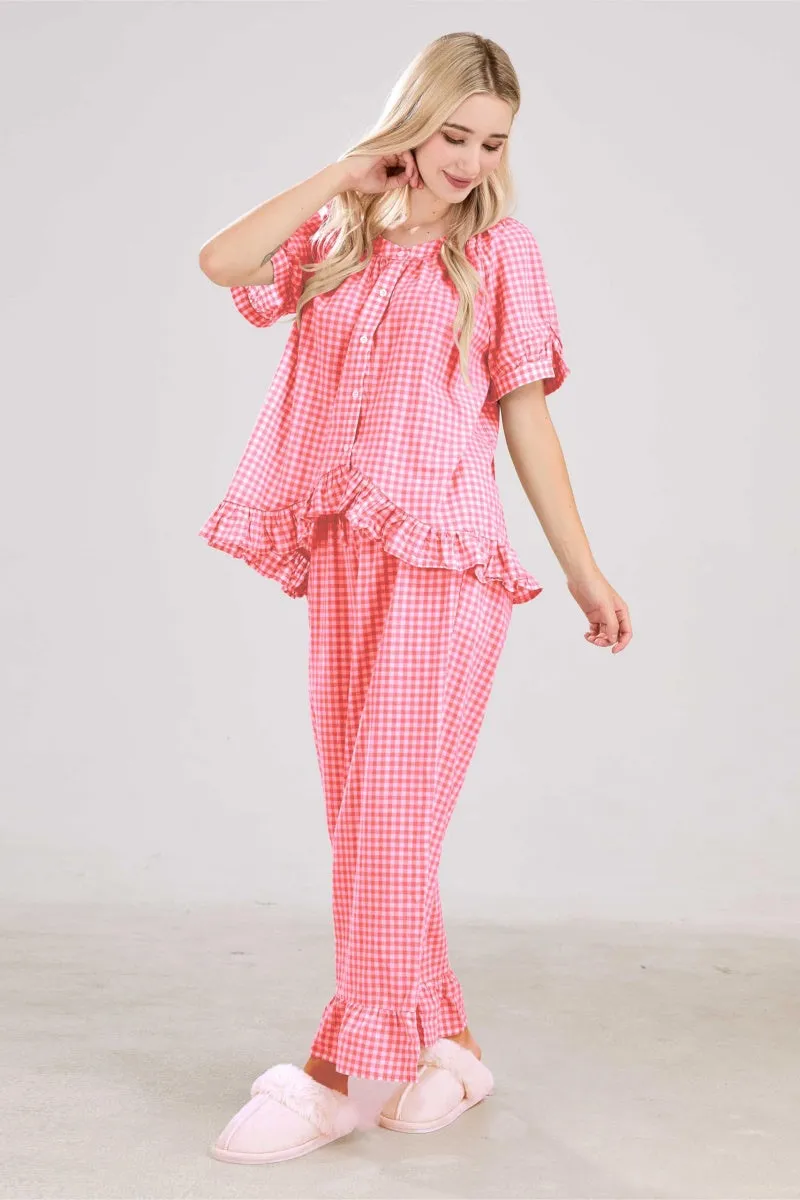 Chouyatou Womens Gingham Pajama Set 2 Piece Short Sleeve Babydoll Shirt and Pants Lounge Set Cute Sleepwear