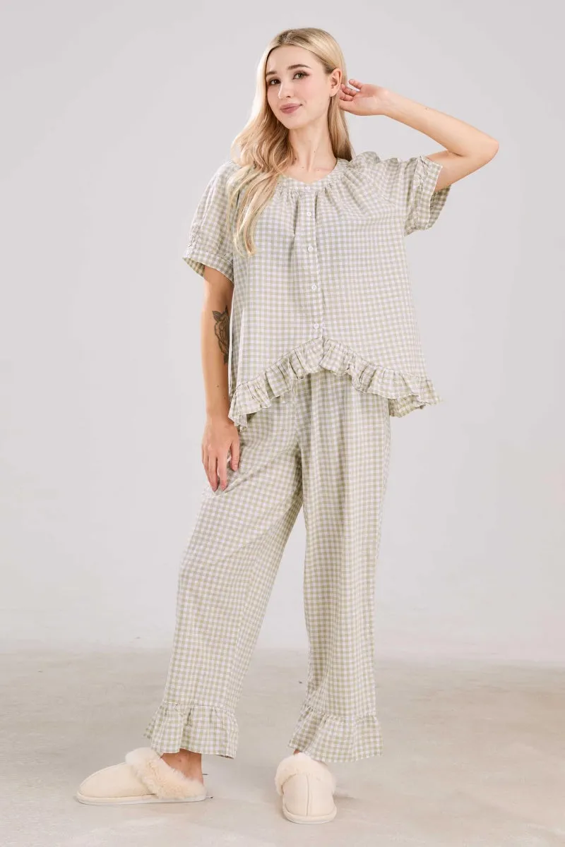 Chouyatou Womens Gingham Pajama Set 2 Piece Short Sleeve Babydoll Shirt and Pants Lounge Set Cute Sleepwear