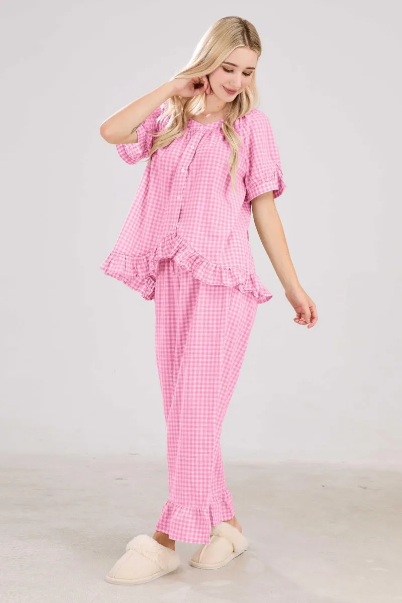 Chouyatou Womens Gingham Pajama Set 2 Piece Short Sleeve Babydoll Shirt and Pants Lounge Set Cute Sleepwear