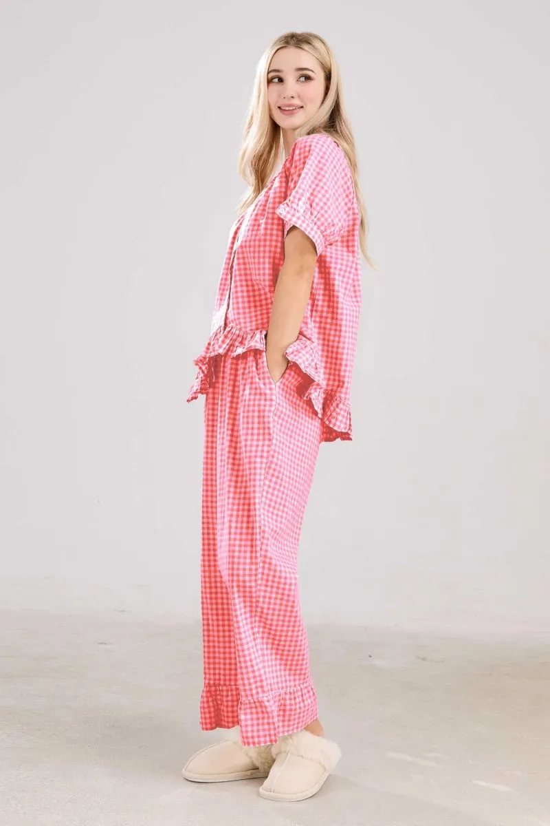 Chouyatou Womens Gingham Pajama Set 2 Piece Short Sleeve Babydoll Shirt and Pants Lounge Set Cute Sleepwear