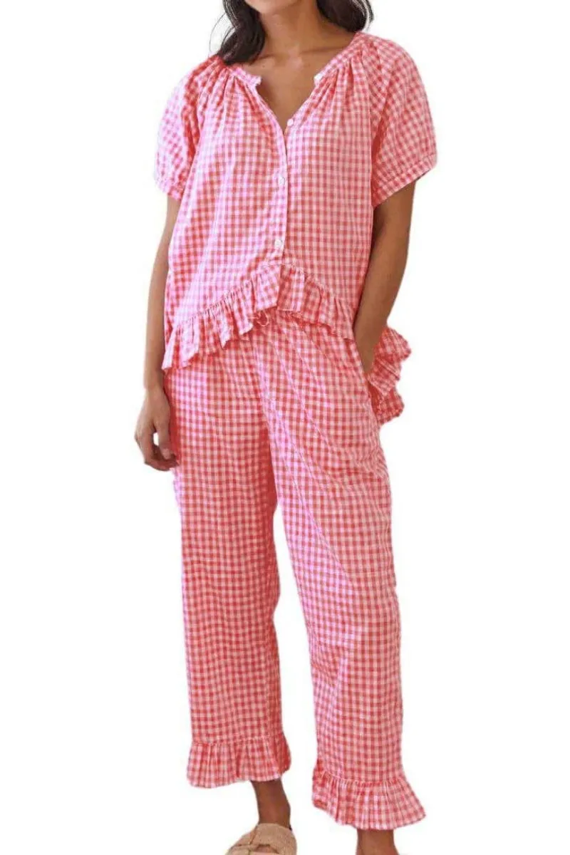 Chouyatou Womens Gingham Pajama Set 2 Piece Short Sleeve Babydoll Shirt and Pants Lounge Set Cute Sleepwear