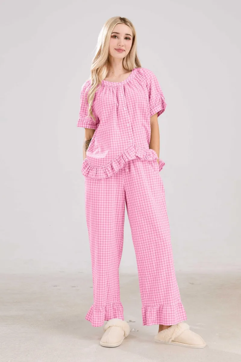 Chouyatou Womens Gingham Pajama Set 2 Piece Short Sleeve Babydoll Shirt and Pants Lounge Set Cute Sleepwear