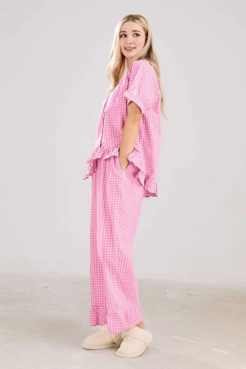 Chouyatou Womens Gingham Pajama Set 2 Piece Short Sleeve Babydoll Shirt and Pants Lounge Set Cute Sleepwear