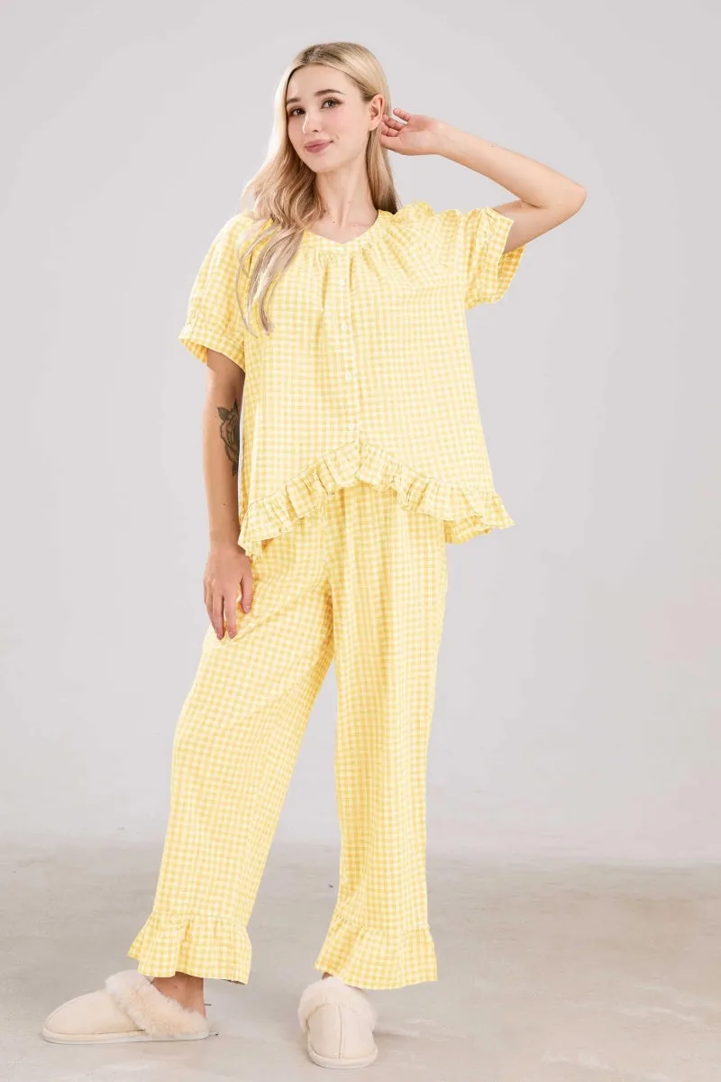 Chouyatou Womens Gingham Pajama Set 2 Piece Short Sleeve Babydoll Shirt and Pants Lounge Set Cute Sleepwear