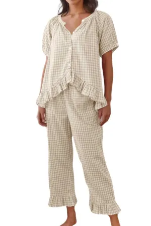 Chouyatou Womens Gingham Pajama Set 2 Piece Short Sleeve Babydoll Shirt and Pants Lounge Set Cute Sleepwear