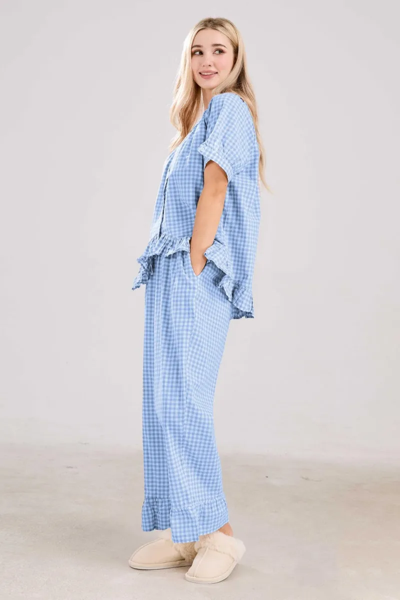 Chouyatou Womens Gingham Pajama Set 2 Piece Short Sleeve Babydoll Shirt and Pants Lounge Set Cute Sleepwear